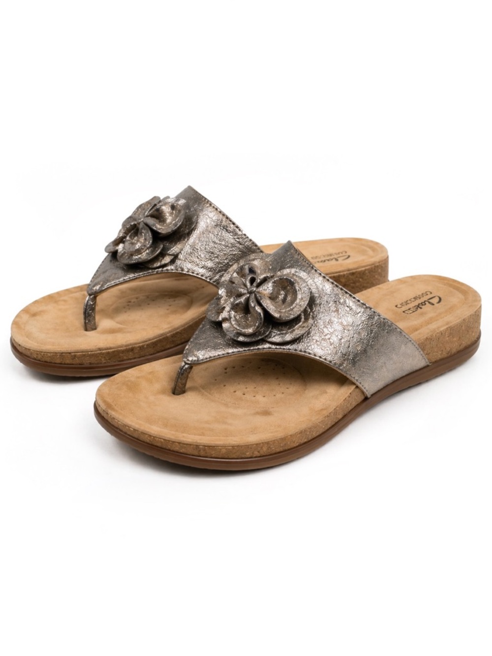 Clarks Silver Metallic Floral Thong Sandals Size 7 (Fits 6.5) Comfort